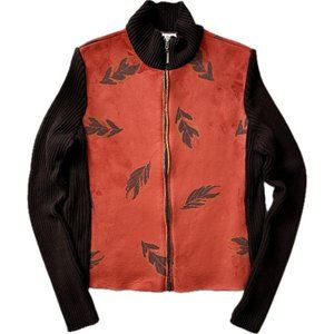 ROBERT KITCHEN CANADA Faux Suede Orange Brown Leaf Full Zip Cardigan Size Large
